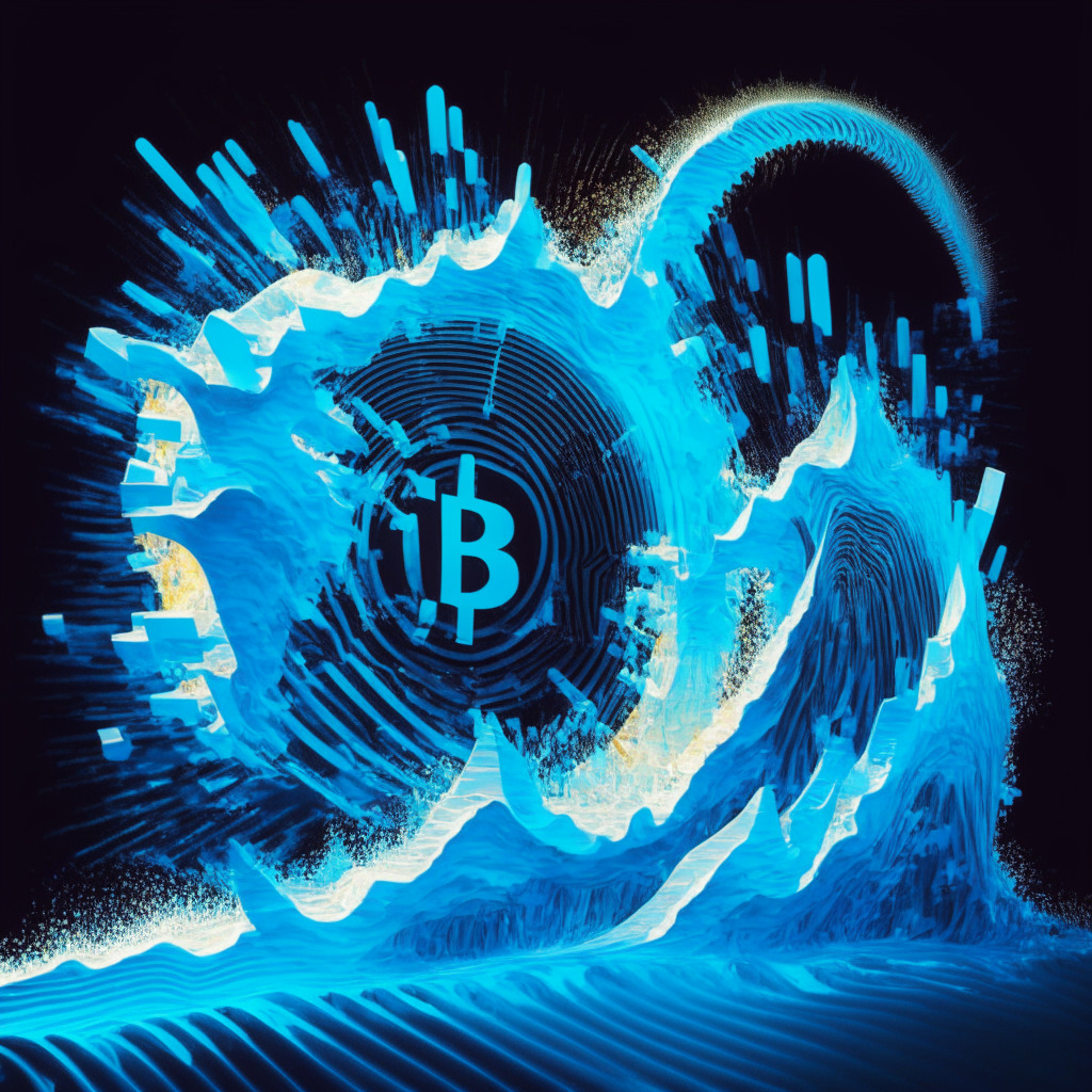 Symbolic representation of a rollercoaster on slicing blue waves, embodying the volatile trends of Bitcoin. Incorporate a striking surge towards a glowing $28,000 in vivid celestial rays, capturing the euphoria of recent rise. Mingle a subtle, dappled light effect, for a tone of cautious optimism. Fuse elements of blockchain patterns, exuding a futuristic vibe.