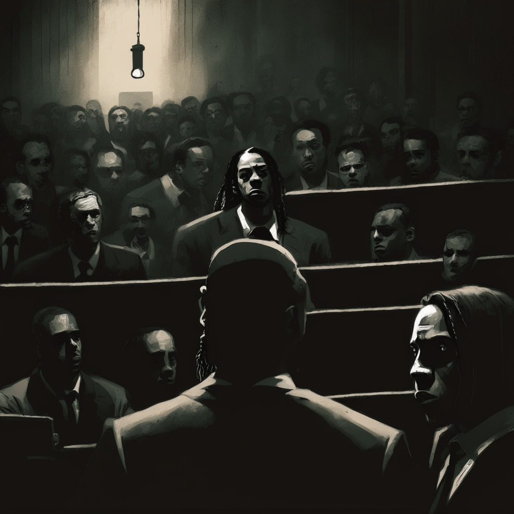 A gloomy Brazilian courtroom scene, blended in noir-style artwork with muted colors, displaying Ronaldinho facing judges. Looming shadowy pyramid symbolizes the crypto scam. To the side, a dimly lit hushed crowd watches in suspense. Flickering candlelight casts a grave and eerie ambiance on the scene, the tension is palpable.
