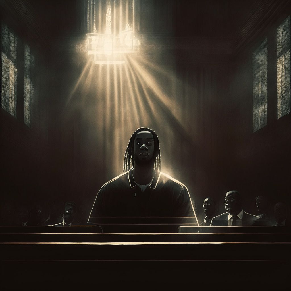 A gloomy courtroom lit with slender rays of light creeping in from closed blinds, a portrait of Brazilian football legend Ronaldinho in a gavel. His symbolic representation illuminates the quandary faced in modern sports by the blockchain dilemma. Imbued in a chiaroscuro style, demonstrating a palpable tension.