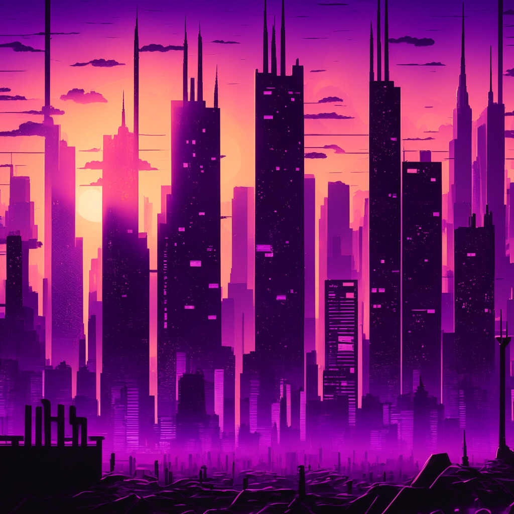 Sunrise over a futuristic financial city, with tall silhouettes of buildings symbolizing stock exchanges, filled with intricate patterns of Bitcoin and Ethereum symbols. Global banks stand firm in pulsating neon purple hues, signaling a halt. The foreground features a stablecoin newly planted, glowing intensely alluding to the birth of PayPal's stablecoin. Shadows of watchful analysts in the background, expectant of an awakening. A streak of hopeful light cuts through the sky, hinting at a potential upheaval in the monotonous crypto market. Mysterious and sleepy mood, with a hint of anticipation.