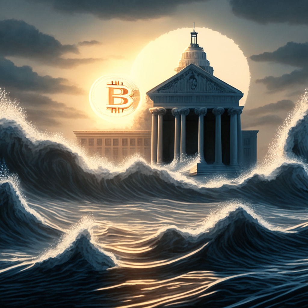An illustrative scene depicting a turning tide, symbolizing the recent favorable ruling for Grayscale Investments. In the foreground, a 3D visual of a Bitcoin ETF, emerging from a turbulent sea under an appealing dawn light. A majestic courthouse looms behind subtly, indication of the legal battle. Light should be soft and golden, evoking a sense of hope and new beginnings. Artistic style similar to realistic oil painting to imbue a sense of formality and gravity fitting the topic. Convey a mood of anticipation and contemplation.