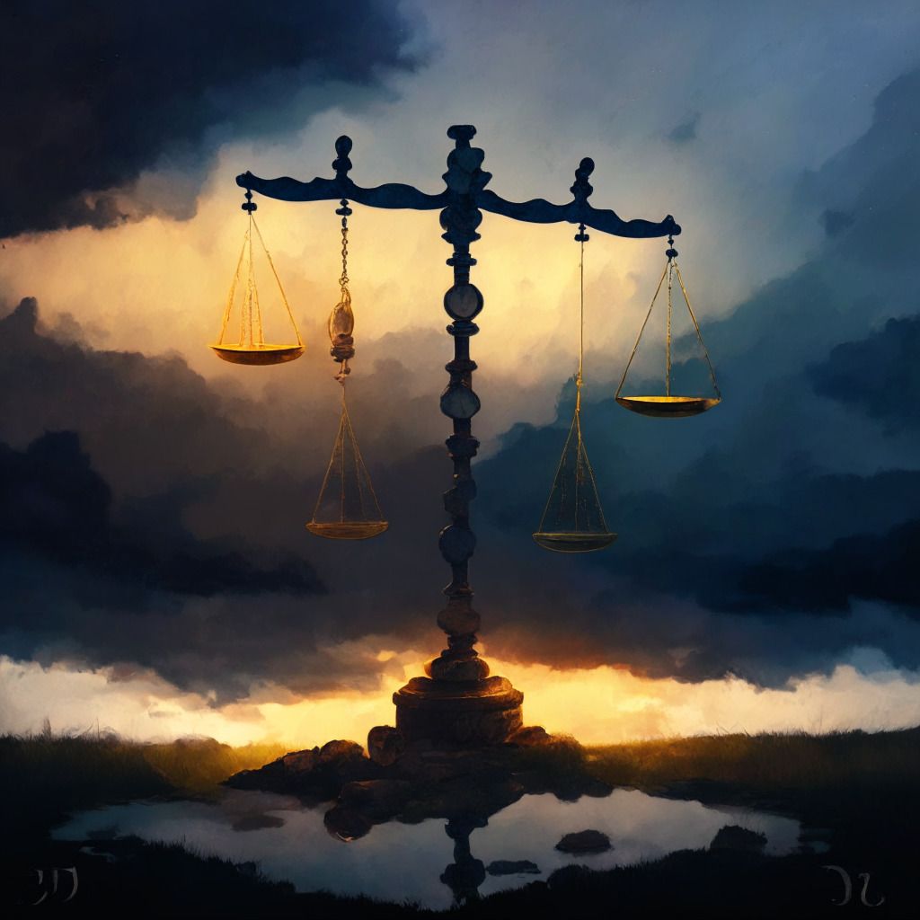Depiction of a symbolic balance scale, either side weighed with cryptocoins and legal codes, reflecting a tense harmony under gloom-filled skies. Rendered in an impressionist style, highlighting the uncertainty of the situation. Subtle tones of sunrise in the distance, hinting hope and change.