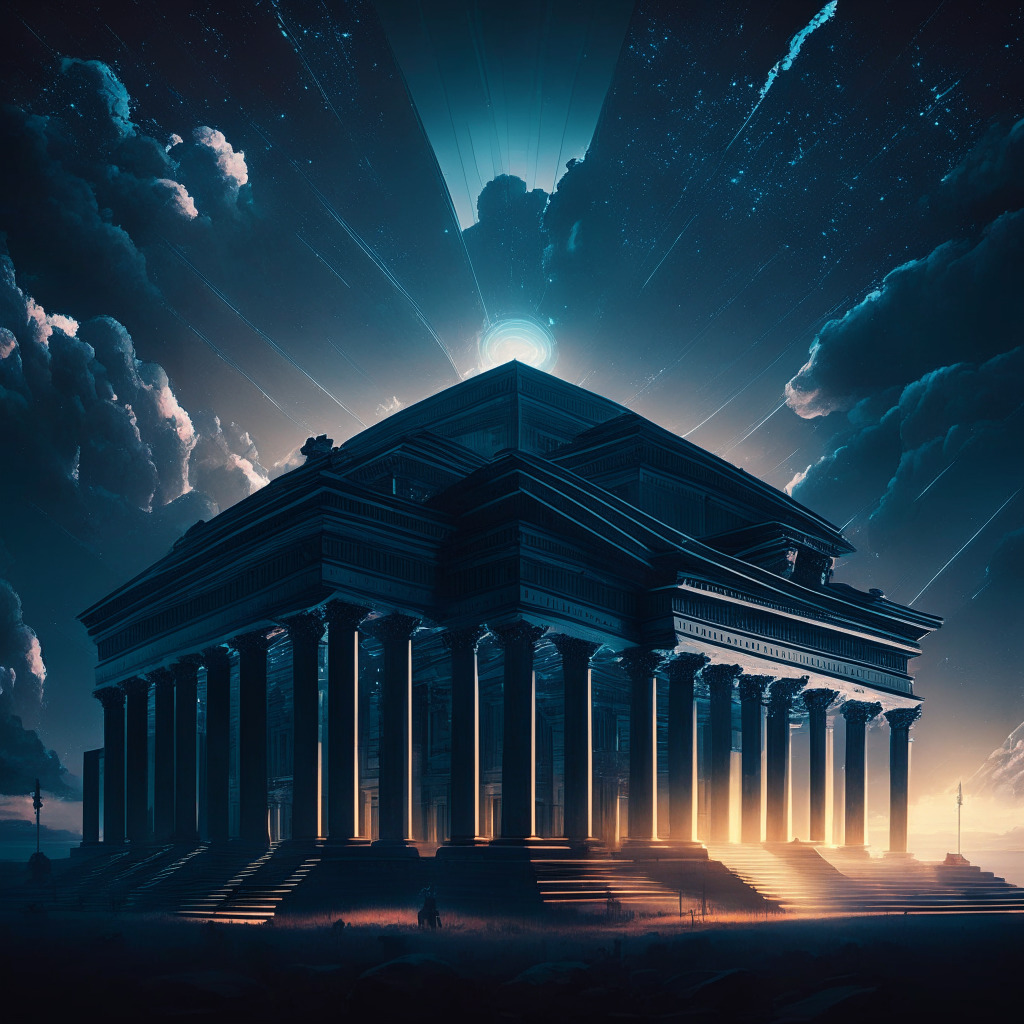 An imposing regulatory building cast in a stern, neoclassical style, juxtaposed against the wild, frontier-like expanse of a stylized digital landscape, with vivid blockchain constellations filling the sky. The scene is cast in a dramatic chiaroscuro lighting, evoking a tension between innovation and control.