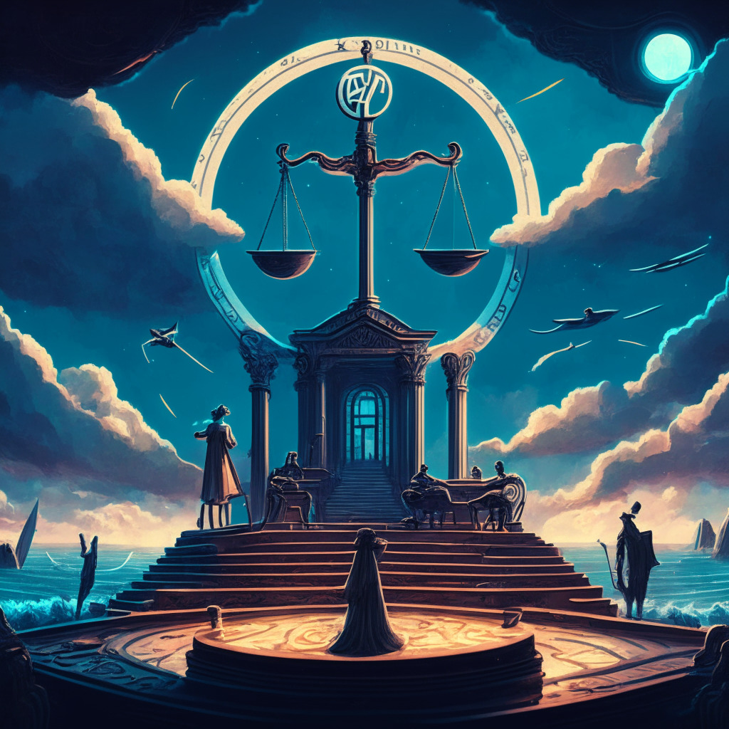 A surreal courtroom scene taking place under a moodily lit sky. An ornate pointer indicating a turning tide, representing a pivot in legal approaches. Cryptocurrency symbols subtly incorporated into the background landscape. A massive, antique scale, overloaded on one side with digital tokens, leaning towards an imposing figure symbolizing the SEC. The scene is styled in the vein of an impressionistic painting, capturing the historic and pivotal nature of these trials.