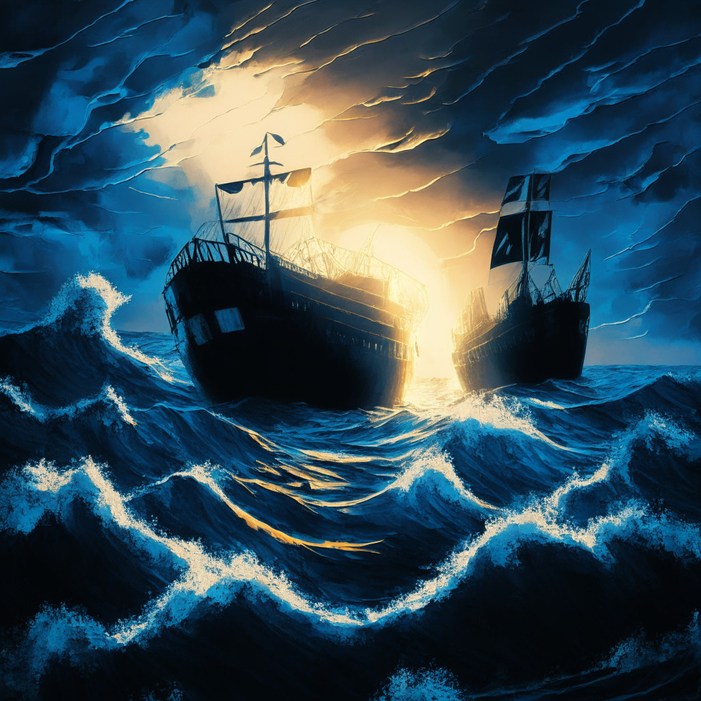 An abstract representation of SEC and Ripple as maritime vessels caught in a regulatory storm on a turbulent crypto sea, illuminated by a dramatic chiaroscuro light setting. The style should evoke a sense of resilience and resolve, bathing the chaos in an aura of muted greys and vibrant blues. A distant horizon showcases a golden sunrise, symbolizing hopeful future for cryptocurrency.