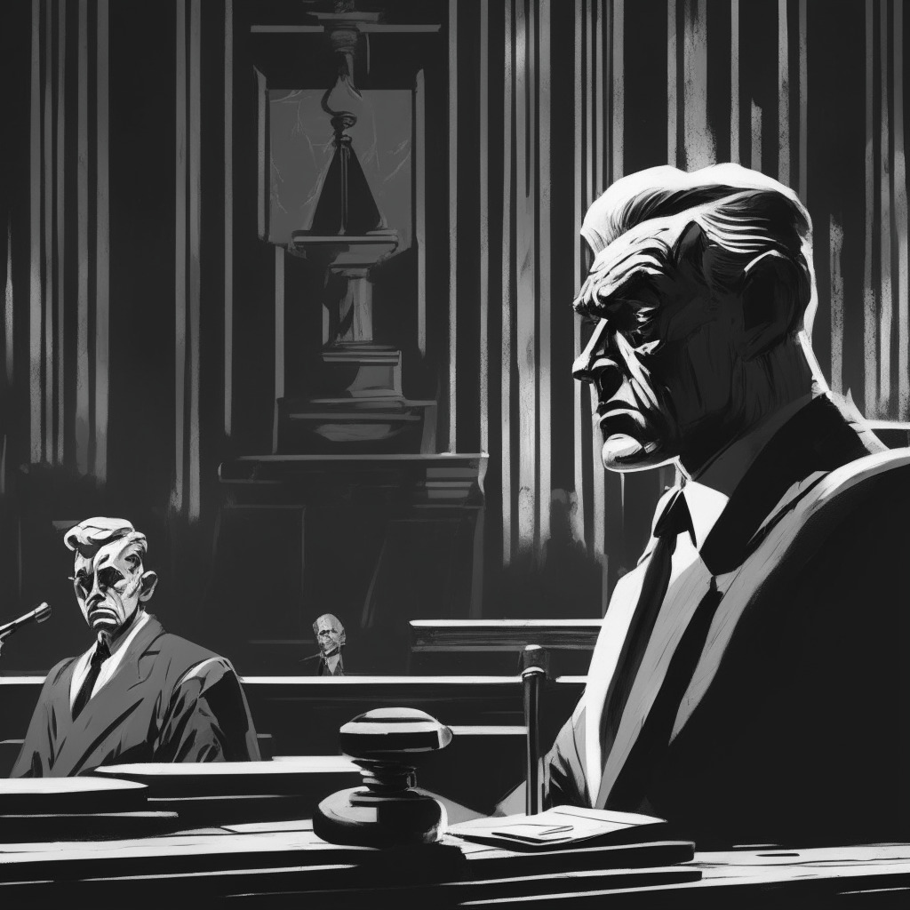 Monochromatic courtroom scene, Federal judge in front of a gavel, stern expression on his face, blockchain and cryptocurrency icons in the background. Artistic style comes from film noir, Rich shadows, high-contrast lighting. Scene resonates with tension, uncertain future.”