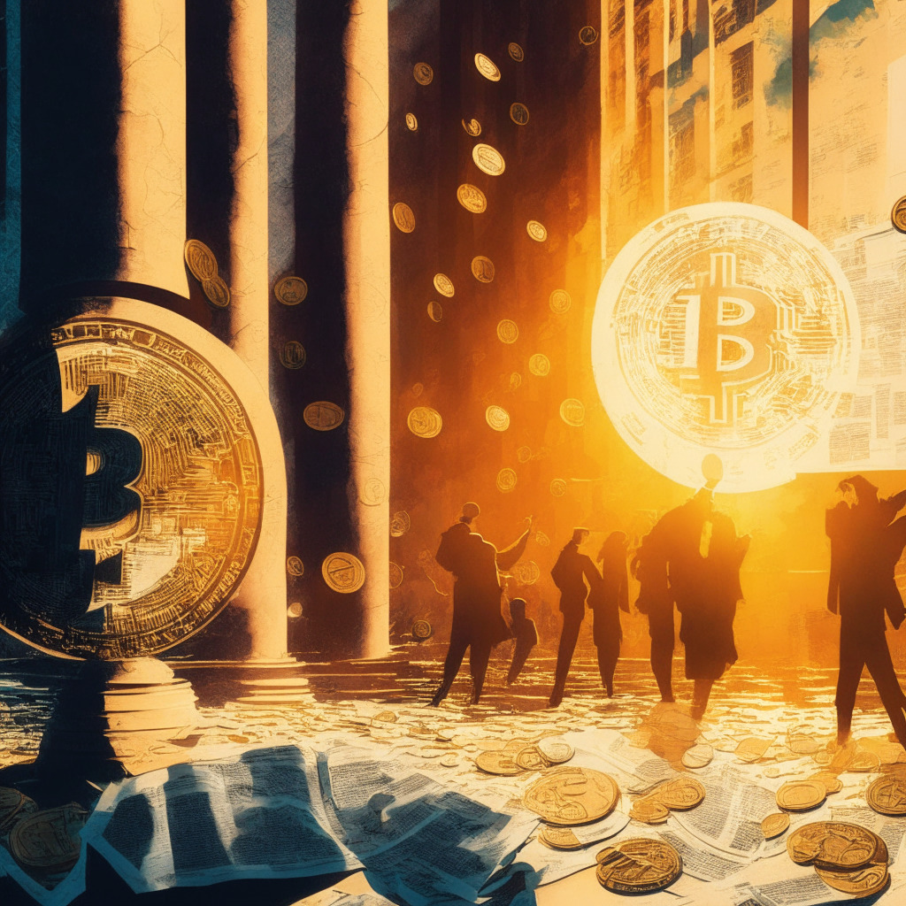 Sunset light casting on Wall Street, metallic sheen of cryptocurrency coins floating amidst paper documents swirling in the wind, Ether and Bitcoin symbols embossed, anticipation and apprehension vibe. Figures in the shadow watching, symbolizing investors and regulators, in the backdrop, a digital globe, highlighting 'change'. A Dash of Impressionistic art style.