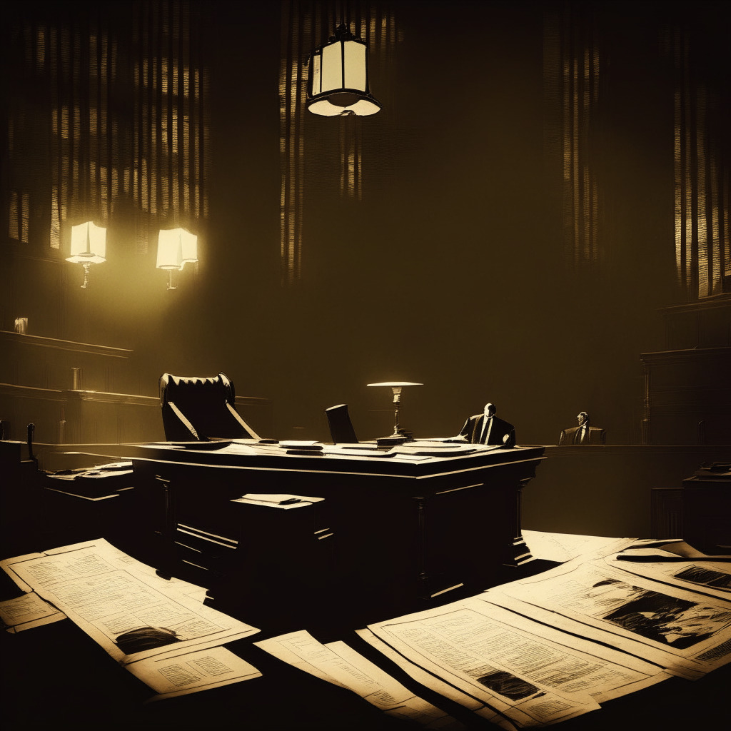 Midnight courtroom, center spotlight accentuates a pile of papers on antique oak desk symbolizing SEC's pending ETF decisions. Background: shadowed silhouettes of Wall Street giants, imbued with suspense. Artistic style: Film noir. Mood: Intense anticipation. Subtle gold glimmers hint Bitcoin presence.