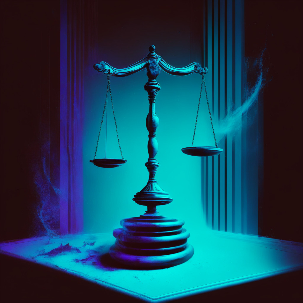 An impactful scene of a gavel descending on a transparent, ethereal NFT, symbolizing the enforcement action. Cast in the deep hues of a courtrooms' solemnity, the image embodies the strictness of regulation and the novelty of the case. A balance struck between tension and optimism portraying the dual interpretation of the event, enveloped in an edgy, digital art style.