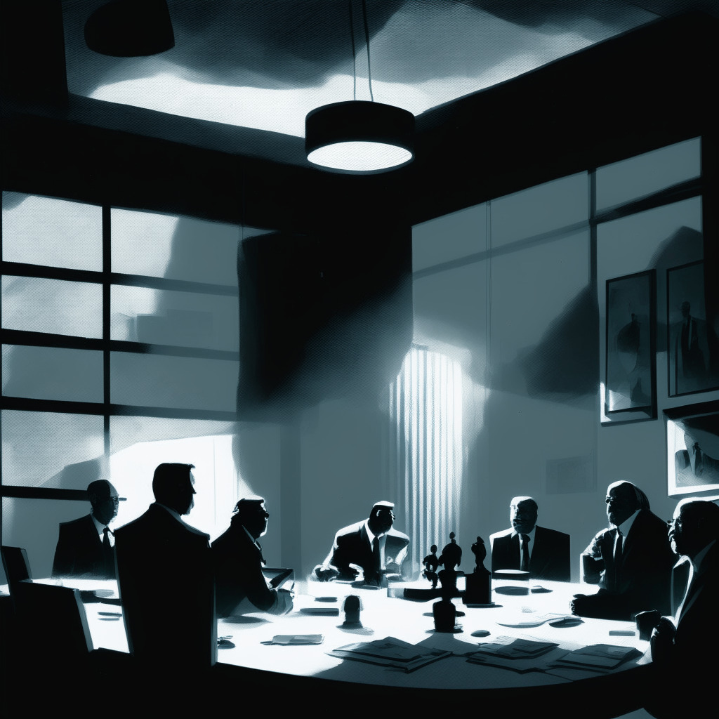 A late evening SEC office scene, Neo-Expressionist style, muted, gray-scale palette, Light streaming in from windows, casting shadows on hard-faced SEC Commissioners engrossed in a fervent debate about NFT regulations. A holographic projection of diverse NFTs floating mid-air, symbolizing their various functionalities, across the room, a ominous painting of a hefty ledger tipped scale, signifying the heavy penalties and regulatory overreach, instilling a tense, apprehensive mood.