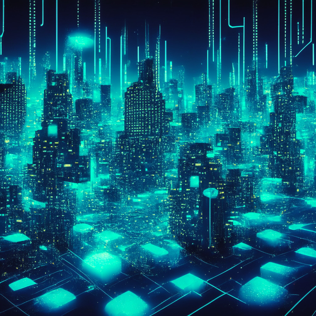 A futuristic cyber city with multiple blockchain nodes floating like neon holograms, atmospheric mood set under a rising, glowing comet symbolizing a surged token price. The cityscape reveals rapidly moving data streams representing swift cross-chain trades, in a cubist style, under ambient streetlight. Dominant tones of blue and green evoke a sense of thriving growth, amid a vibrant economy.