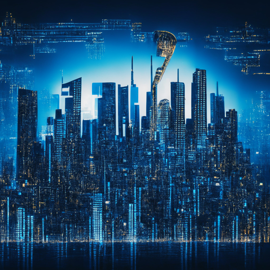 Digital gavel slamming onto a circuit board, signifying justice in the digital realm, Hong Kong skyline in the backdrop at dusk, individual buildings rendered as microchips, overall monochromatic blue color scheme conveying a solemn mood, tainted with a sprinkle of gold, indicative of the crypto world, silhouettes representing anonymous entities, unlicensed crypto exchange platforms.