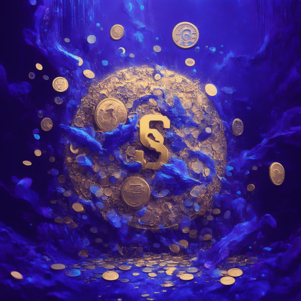 A digital canvas dominated by the image of an abstract blockchain, resplendent in cool blues and purples, suddenly splintering and nudging towards an unseen abyss, suggesting a decline. Elsewhere, a golden coin branded ‘Sonik’ radiates bright warmth, surrounded by a growing swarm of smaller coins, symbolizing momentum in a market swarm, punctuating the scene with a tantalizing promise of growth and stability. The composition is infused with an unnerving mixture of tension and optimism under stark, almost clinical light, casting the entire scene into sharp, unflinching relief. Artistic style: brush strokes that are both calculated and wild, echoing the unpredictability of the crypto market. Mood: cautiously optimistic yet anxious.