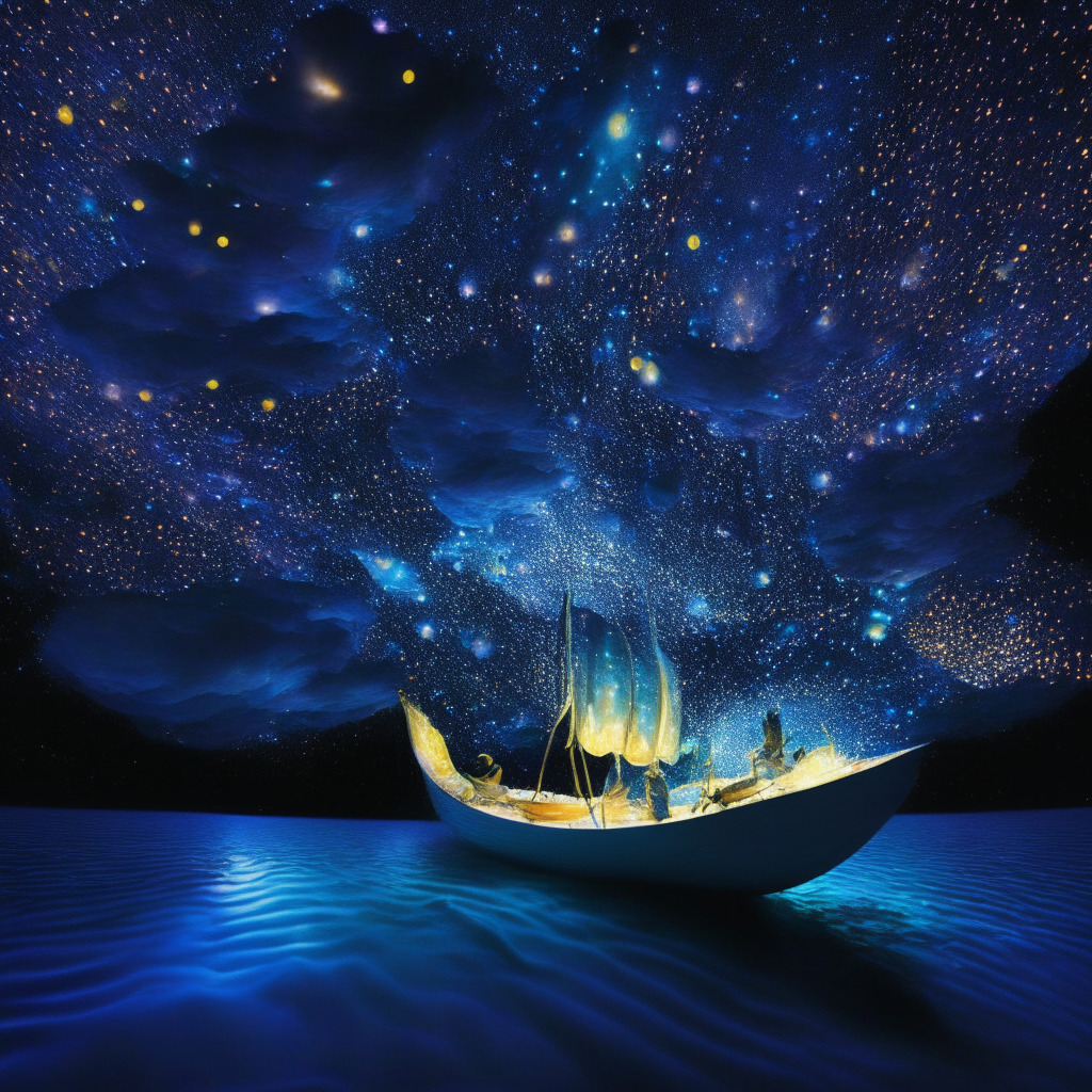 A digital ocean under a cryptic starry sky, representing a mysterious universe of NFTs. In the center, a vibrant, pioneering vessel named FirstMate navigates the waters, symbolizing innovative ventures. Artists adrift on individual rafts are being pulled into its course, their unique creations illuminating the scene and embodying newfound autonomy. The ambient light fluctuates, manifesting the volatile yet hopeful nature of this unchartered territory.