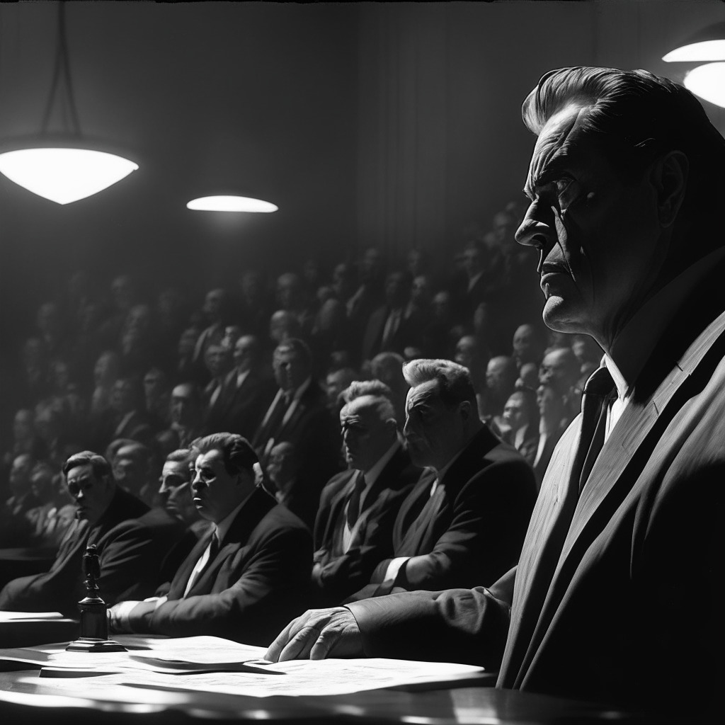 Dramatic courtroom scene in monochromatic ultrarealism style, spotlight cast on a visibly tense businessman, his face a battle between defiance and uncertainty. Background whispers of robed attorneys, dappled in warm hushed light suggesting tension-filled air. Large scales of justice visible, tips precariously balanced, symbolizing ongoing legal battle, tactile details like crisp paper evidence, wireframe sketches of crypto tech as context hints, delicately illustrated. Overarching gloomy atmosphere, denoting serious regulatory implications affecting crypto world.