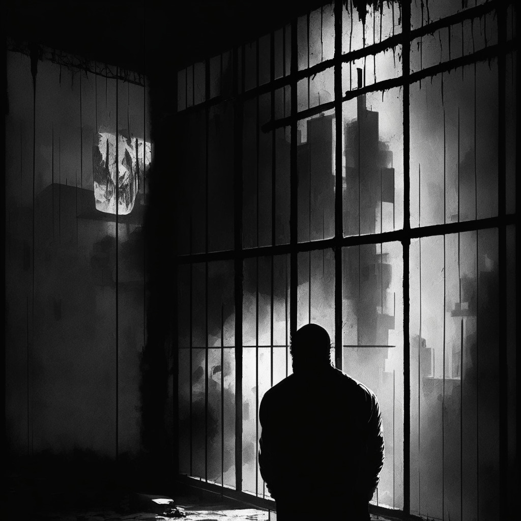 A stark urban prison scene shrouded in shadows, capturing the bleak struggles of a prisoner subsisting on a minimal diet. Juxtapose this with a digital landscape, encapsulating the complex tension between traditional banks & virtual cryptocurrency exchanges. Art: Impressionistic noir, Mood: Reflective, Transformative, Tense.