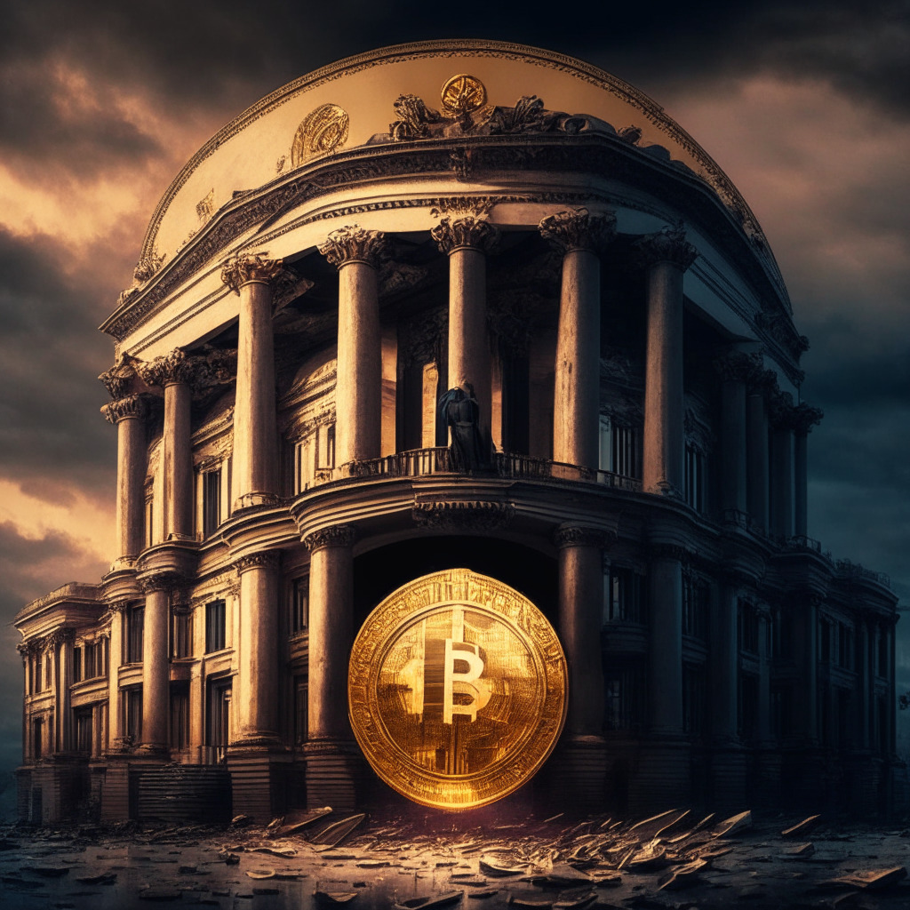 Dramatic twilight scene, a massive crypto coin with Binance logo being removed from a grand traditional bank edifice, symbol of Banco de Venezuela. Use baroque style, emphasizing opulence and grandeur of the bank, contrasted with the sleek, futuristic coin. The mood is somber, highlighting the tension between tradition and innovation, regulation and freedom.