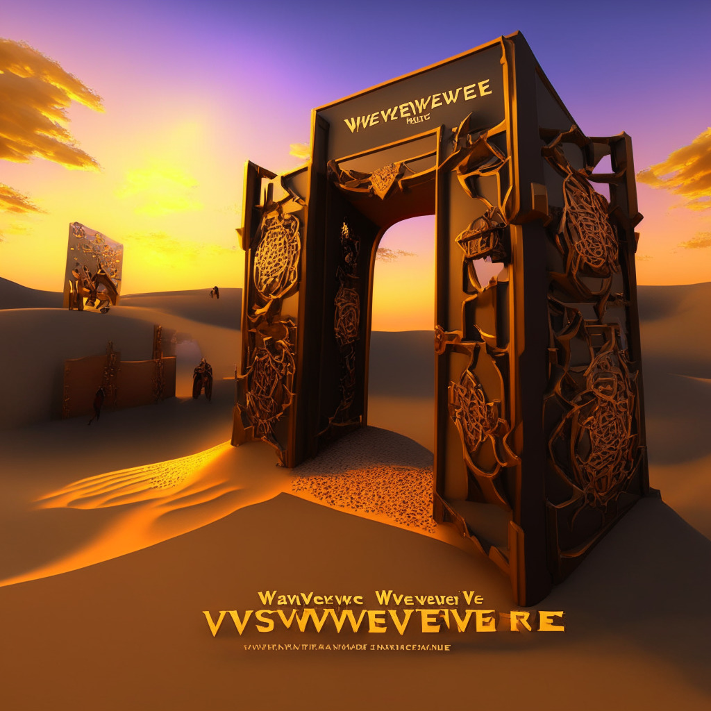 Highly-detailed virtual metaverse, The Sandbox, adopts KYC measures, symbolized by a large, sturdy gate with a golden lock, under a warm sunset light setting, conveying a sense of enhanced security but with hints of intrusion on anonymity. Users, represented by vibrant artistic avatars, simultaneously accrue and stake tokens, illustrated as shimmering coins floating above them. Fading horizon in the distance, signaling impending regulatory changes, casts a solemn mood.