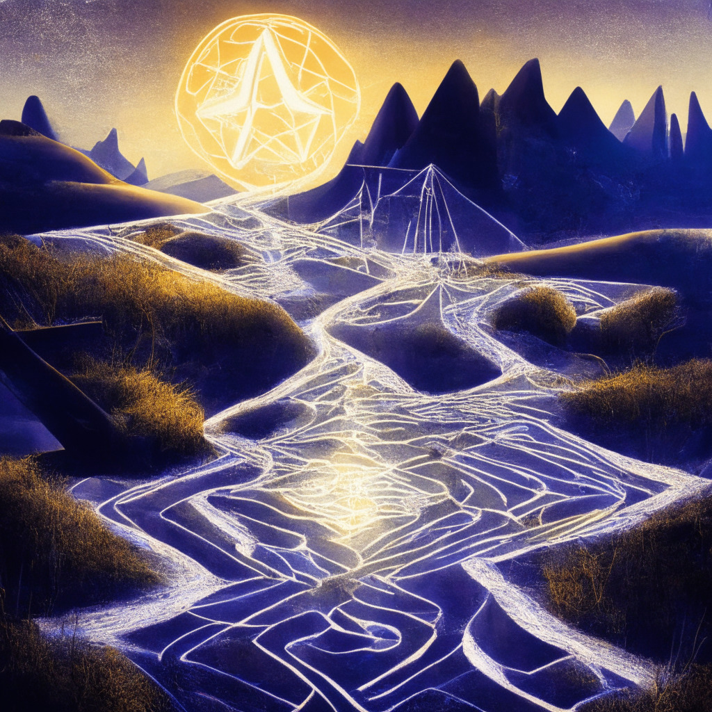A surreal landscape symbolizing blockchain technology, Ethereum's logo suspended as a glowing, iridescent celestial body, emanating warm, ethereal light. Deftly interwoven silk threads represent Layer 2 rolling over the Ethereum network. A sturdy bridge crossing harsh terrain symbolizes the 'zkEVM Linea' solution, its barriers artistically visualized as rigid, spiked chains. The scene elicits an air of cautious optimism, tranquility and futuristic potential.
