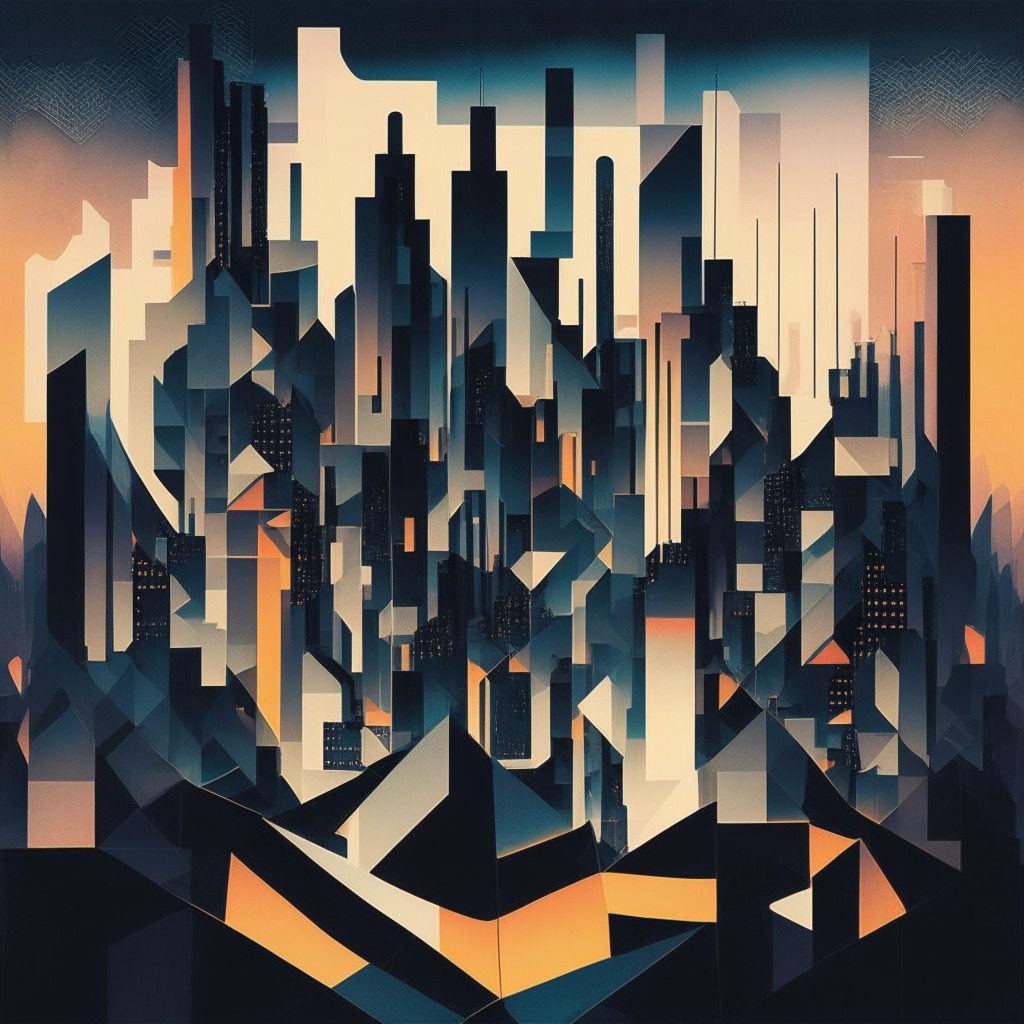 Modern cityscape at twilight, reflecting bold growth and global expansion. In the style of geometric abstractionism, it represents the strategic moves of a powerful force, with chess pieces moving fluidly across multiple continents. An aura of regulated authority, cryptography elements, and evolving landscapes underlines the complexity and dynamism. The mood is serious, ambitious and forward-thinking.