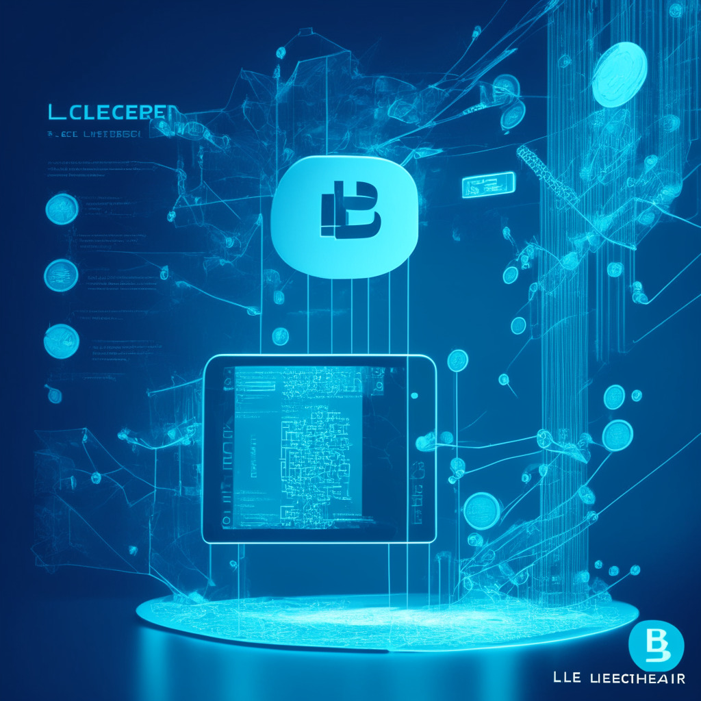 Conceptual image of Ledger Live software uniting with PayPal, set in an advanced tech environment. Highlight a sleek, secure digital wallet overflowing with representations of Bitcoin, Ether, Bitcoin Cash, and Litecoin. Integrate elements that symbolize modernity, efficiency, and intricacy, bathed in a futuristic cyan glow. Capture a dynamic, optimistic mood emphasizing the evolution and acceptance of cryptocurrency.