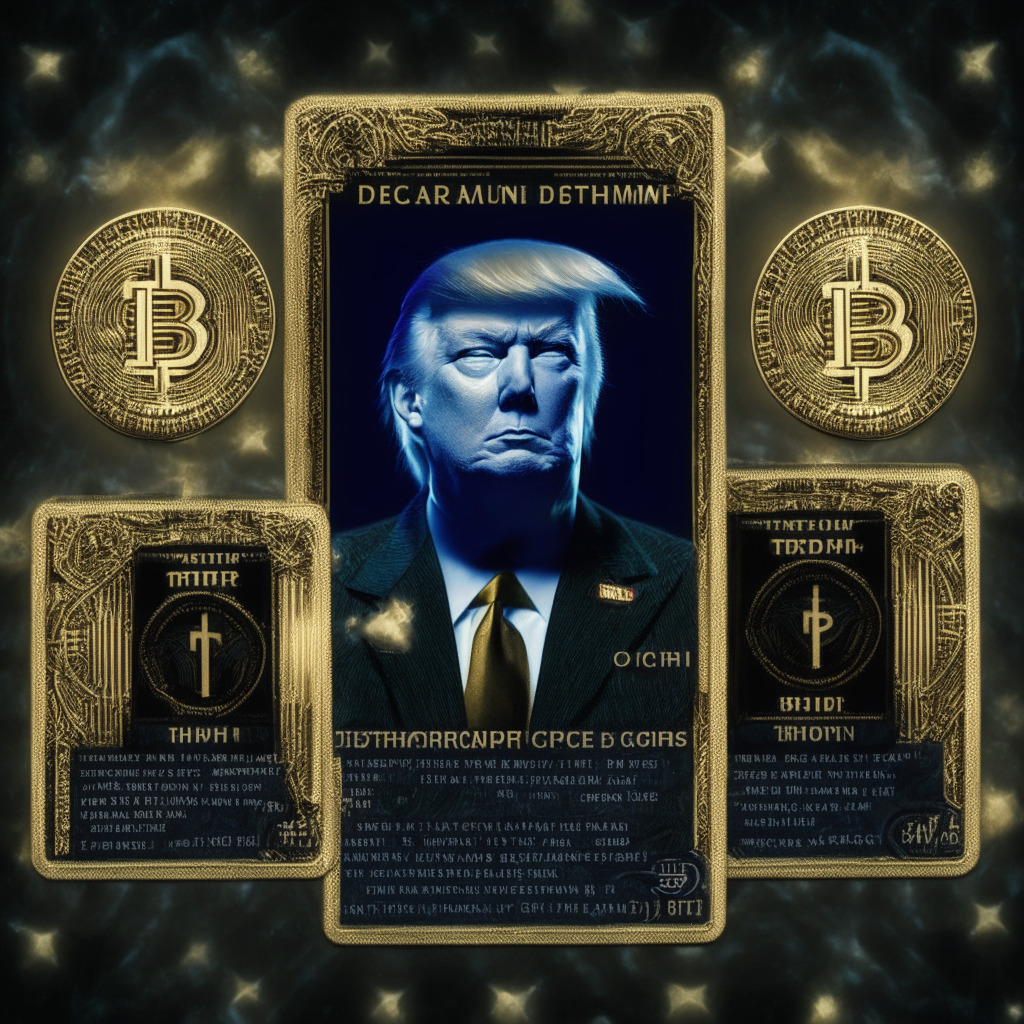 A stark contrast of Trump's skeptical attitude towards crypto with his secret plunge into the realm of digital currency, showcased through his operose digital collectible cards. Set in dim yet probing light setting, conveying a mood of revelation and intrigue. Incorporate significant elements like Ethereum tokens, digital wallet brimming with digital assets, and cryptographic patterns, all encapsulated in an impressionistic art style.