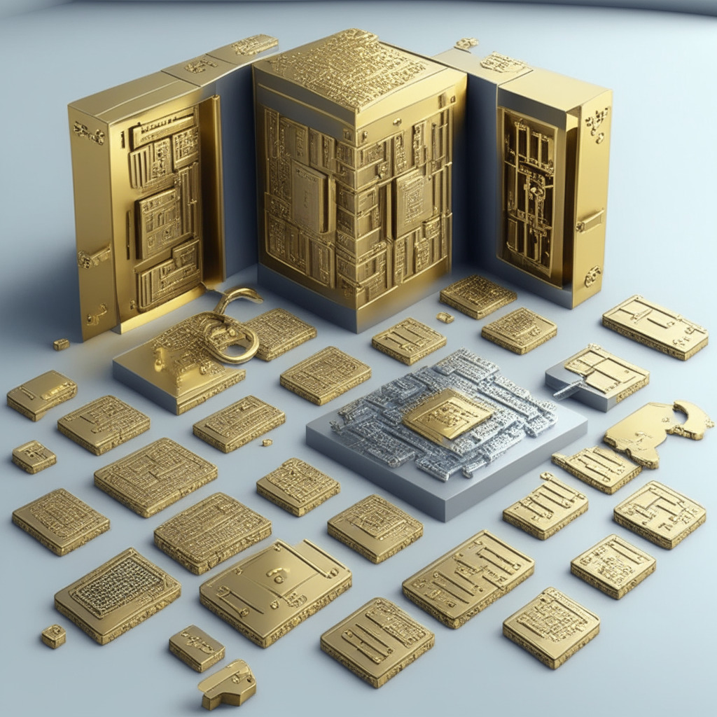 A golden gate represents the secure access to digital assets. Keys rendered in detailed silver, some hidden within hardware wallets, others encoded in paper or USB drives. An air-gapped computer and a vault convey the concept of cold storage and custodial services. Split keys scattered across various floor tiles symbolize the distributed security measure. Artistic style evokes a sense of mid-century secrecy and coded espionage, with a dark, mysterious mood and low, dramatic lighting.