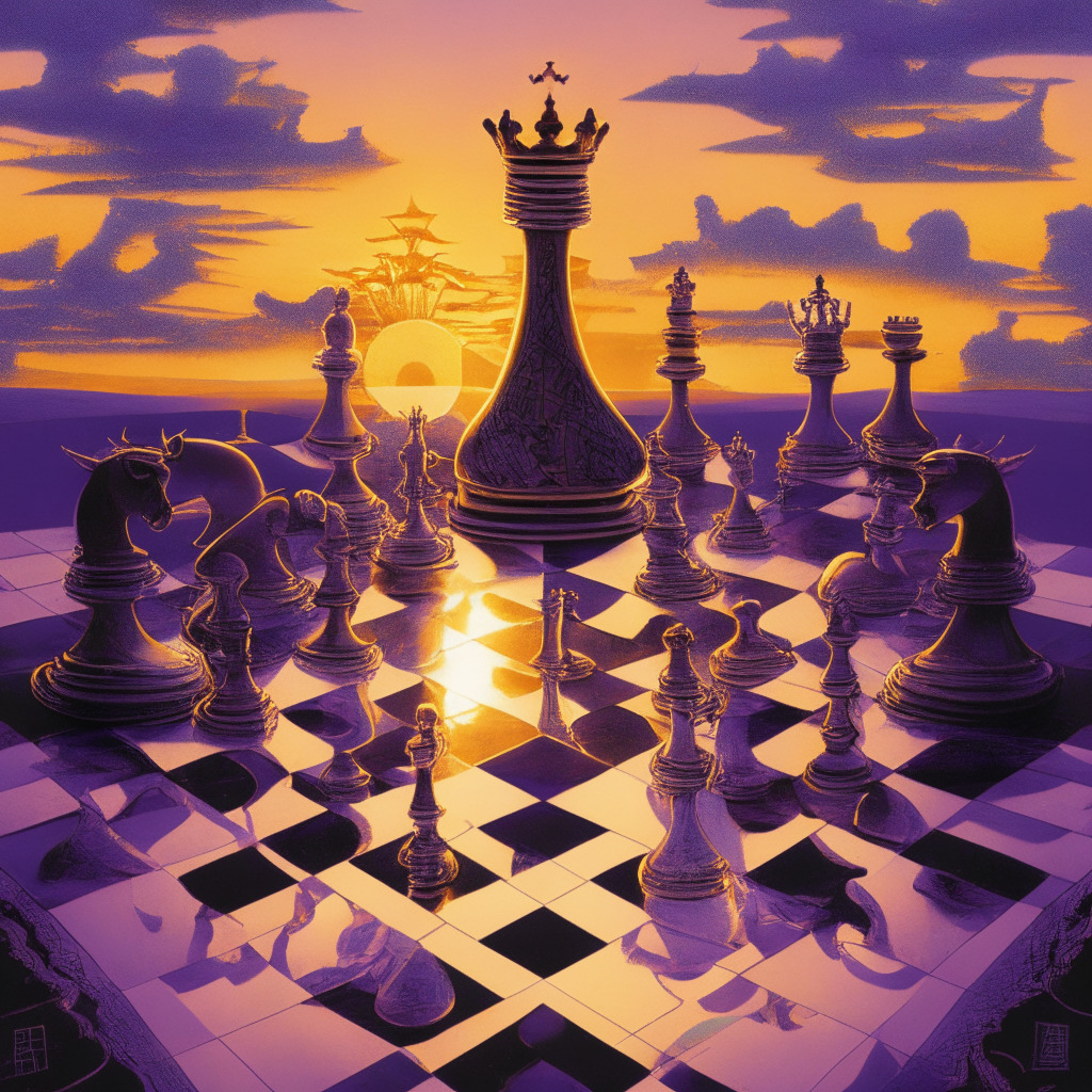 Intricate chessboard with bold, golden chess pieces, a lavender sky in the background casting a melancholic sunset glow over the pieces. Artfully blend Cubist and Surrealist styles, resonating tension, complexity. The pawns represent various crypto assets, kings marked as Securitize and Onramp hinting at an influential merger amid unfavorable market climate.