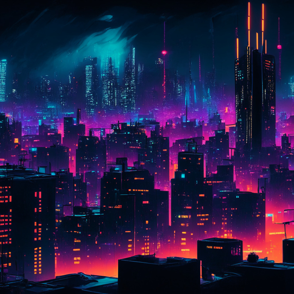 A vivid nighttime cityscape reflecting the bustling blockchain industry. High-tech buildings symbolize firms Securitize and Onramp, bathed in bright neon lights symbolizing their rise in cryptocurrency market. In the background, painted with dark hues of menace, is a sinister cybernetic entity, an embodiment of North Korean hackers, looming over the city, creating an atmosphere of tension, uncertainty and alert. Melding cyberpunk aesthetics and chiaroscuro lighting, the image radiates the mood of thrill, opportunity, and caution.