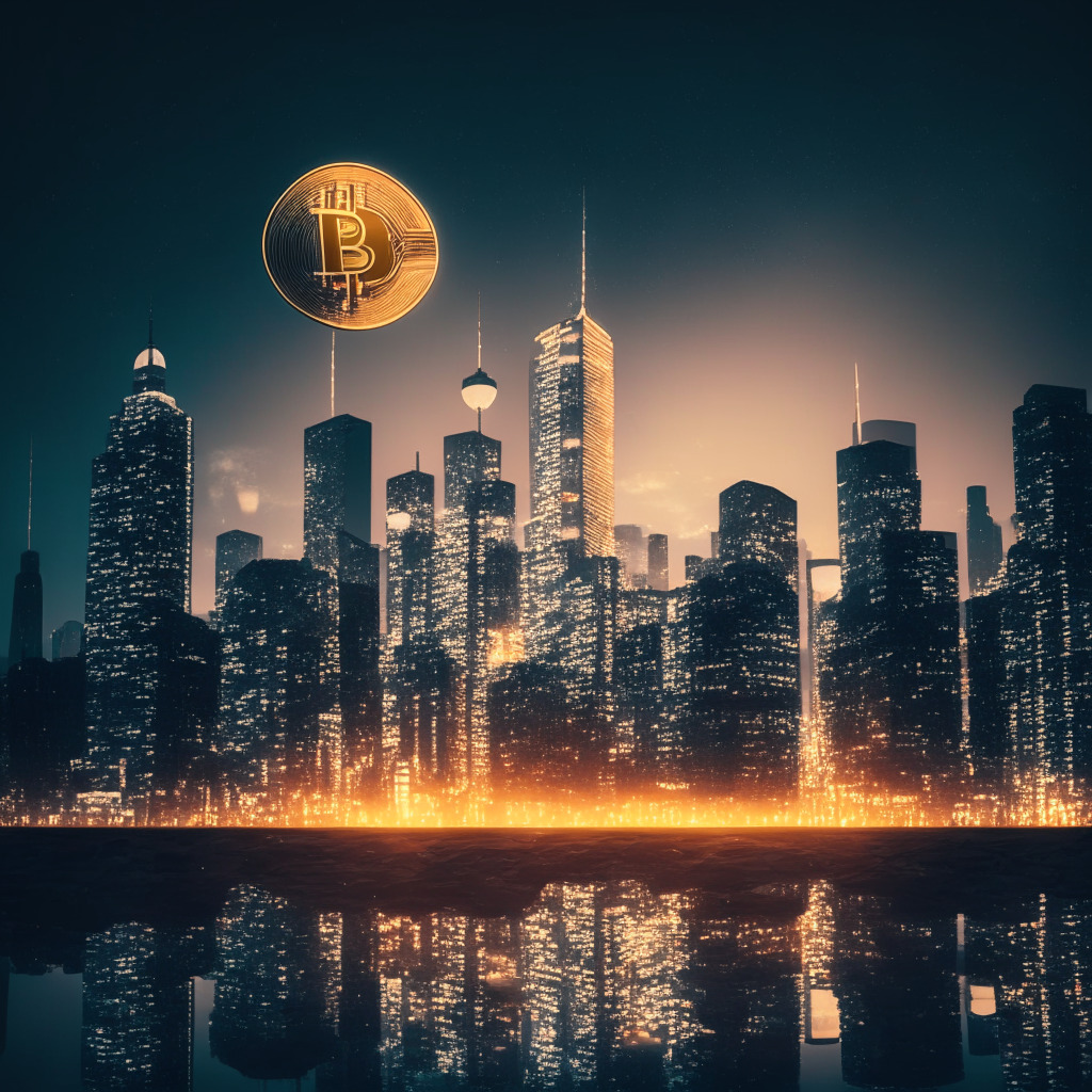 A metropolitan skyline at dusk, with the glow of LED lights from skyscrapers illuminating a larger-than-life bitcoin and Ethereum coin hovering in the sky, symbolizing the digital shift in finance. There's a juxtaposition of old and new images, represented with a faded vintage filter to show the transition and consolidation of traditional and digital markets. This scene merges optimism and uncertainty, reflecting the potential for both progress and pitfalls in banking's future.