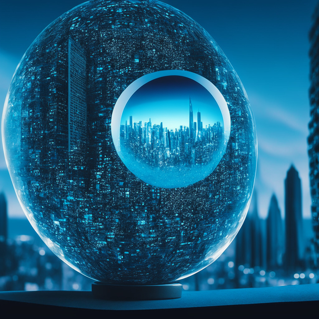 Dystopian and futuristic cityscape, hues of luminous blues and silvers for the blockchain bliss era. In the foreground, tension between a shining, data-driven Orb device, symbolizing compromised privacy, and faceless users submitting their eye biometric data. Contrast of day’s bright optimism versus night’s shadowy threat, hint of hushed suspense.