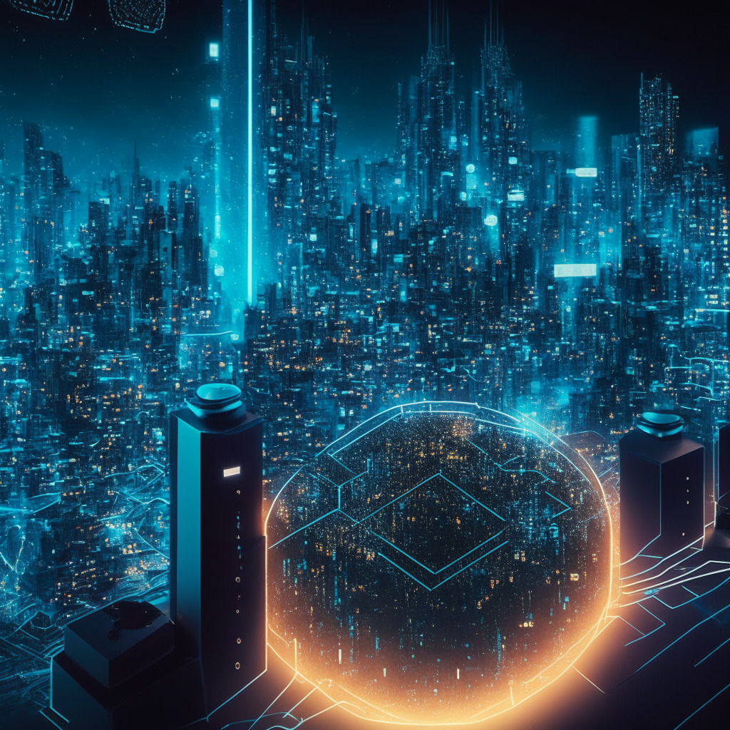 An intricately designed, futuristic cityscape at night, reflecting symbols of blockchain and the digital age. High-speed holographic data streams, representing the cutting edge Sei Labs technology, pulsate through the ethereal city. In the foreground, non-fungible tokens and other digital assets symbolized by modernistic objects, flood into and out of glowing portals, capturing the energetic notion of asset exchange. A soft, electric glow bathes the scene, setting an exhilarating yet cryptic mood, emblematic of both hope and caution in technological advancement.