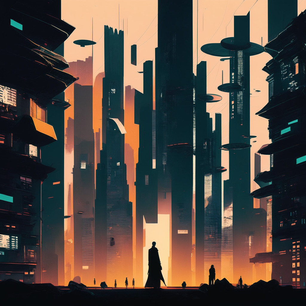 An abstract depiction of a South Korean cityscape, futuristic cyberpunk style, twilight lighting casting long shadows. Cryptocurrency symbols subtly visible, hovering in the air, representing hidden wealth. In the foreground, a figure in authority gently pulling one symbol downwards, evoking a sense of regulation and financial scrutiny. Muted colors imply caution, uncertainty, and the tense dynamics of tax evasion and recovery.
