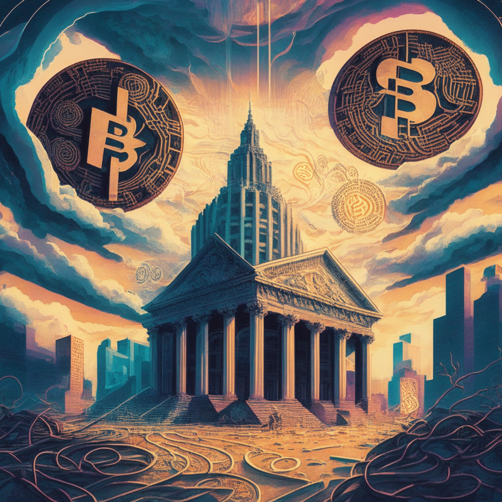 A gloomy, Federal Reserve building looming over a swirling mass of vibrant, dynamic cryptocurrency symbols. The scene is split by a diverging path, branching towards a distant foreign landscape under a hopeful sunrise. Artistic style is late 18th century Romanticism, showcasing the tension between traditional financial institutions and burgeoning blockchain tech.