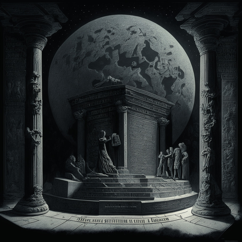 A large, intricate, moon-shaped stone monument with engravings of traditional and crypto banks in a noir art style, traditional bank engaging in a clandestine operation in shadows. Subtle hints of digital assets strewn across. Faded inscriptions indicating change and secrecy. Background shows an intense courtroom scene, capturing a mood of tension and turmoil. Fading light exposes shadows, suggesting oversight.
