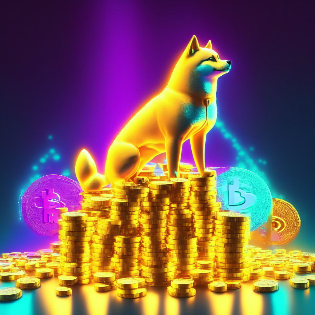A futuristic cybernetic Shiba Inu dog symbolizing the SHIB token, poised confidently on top of piles of gold coins that tower over a distant, tiny abstract representation of Bitcoin. The scene portrays vibrant neon hues under soft, celebratory spotlights, reflecting a hopeful yet speculative vibe. Many hints of web3, like holographic interfaces and AI, subtly infused in the surrounding.