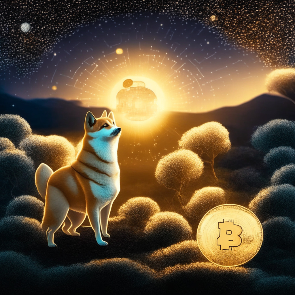 A reinvented Shiba Inu coin ascending from 'meme-coin' to a serious blockchain contender, twilight-lit, translucent blockchain networks enveloping the iconic dog, hinting at digital identity integration. The scene is serene yet dynamic, reflecting a mix of anticipation, courage, and evolution. Layer 2 networks subtly overlay the scenery portraying scalability enhancement.