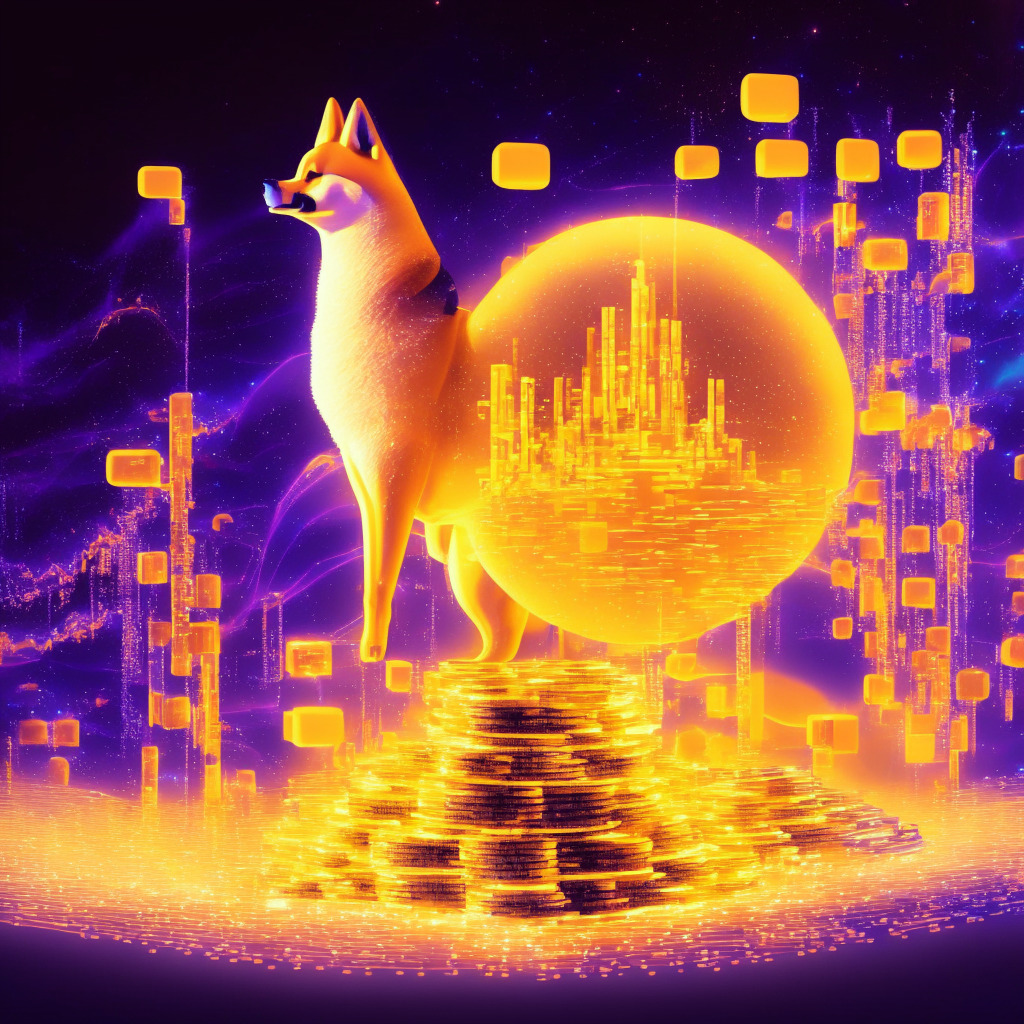 An abstract, vibrant visualization of the digital universe. Foreground depicts a Shiba Inu token brightly lit, shining against a calmer backdrop of other faintly glowing tokens, symbolizing its high performance. An ascending waveform represents the escalating developer activity. A looming, partly-unveiled structure dubbed 'Shibarium' illustrates the upcoming blockchain. Digital keys scattered around represent self-sovereign identification. Negative space portrays potential for metaverse and gaming applications. Lighting is dramatic, enhancing a sense of intrigue and respect towards the digital innovation. Art style: Meticulous futurism.