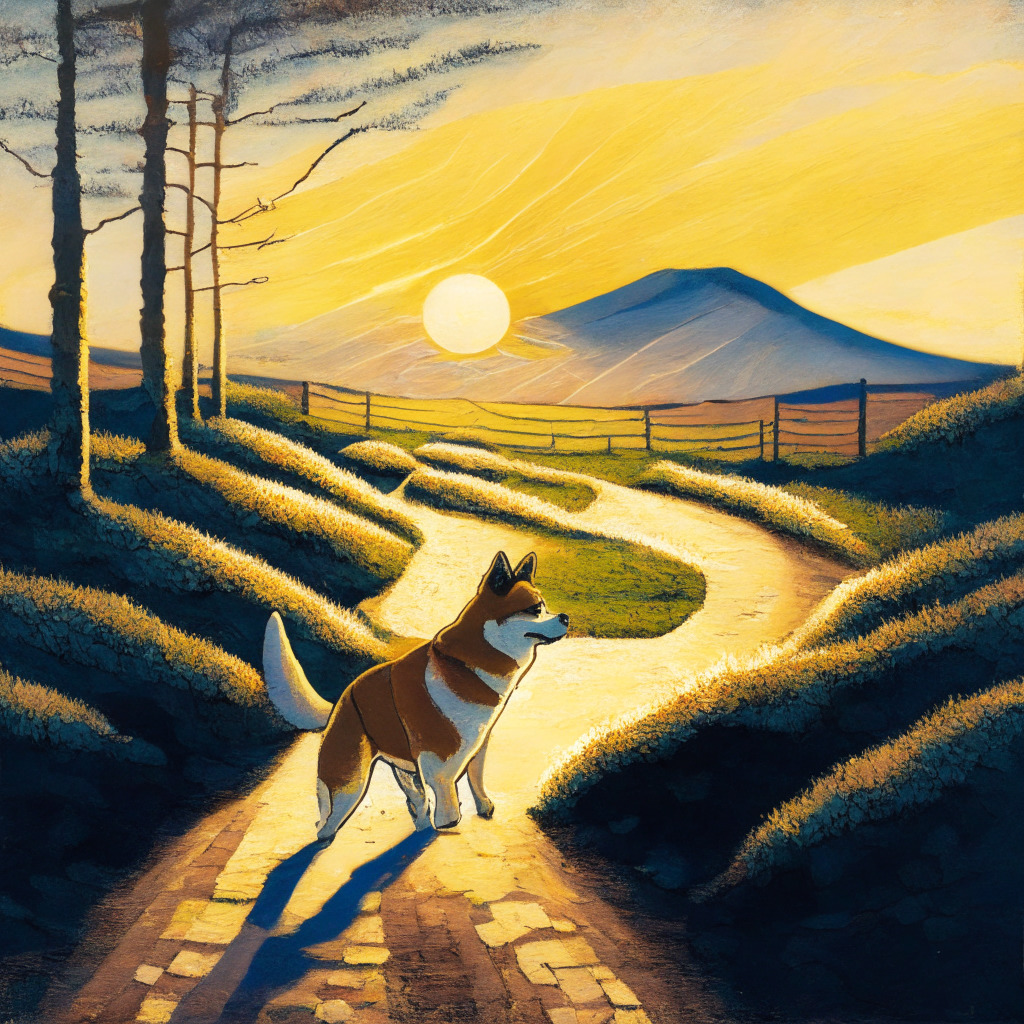 An impressionist-style, dawn lit scene, portraying the Shiba Inu dog navigating a metaphorical path, symbolizing the bull run. The landscape transitions from an evening-themed design, signaling recovering losses, to bright, hopeful morning with a rising sun. A trace of volatility trails behind the dog, capturing the unpredictability of the trading landscape. The dog's eyes fixed on the horizon, embodying the ambition and possible rewards. A touch of softness to infuse the ambiance of risk and thrill, imbuing the image with a hint of mystery.