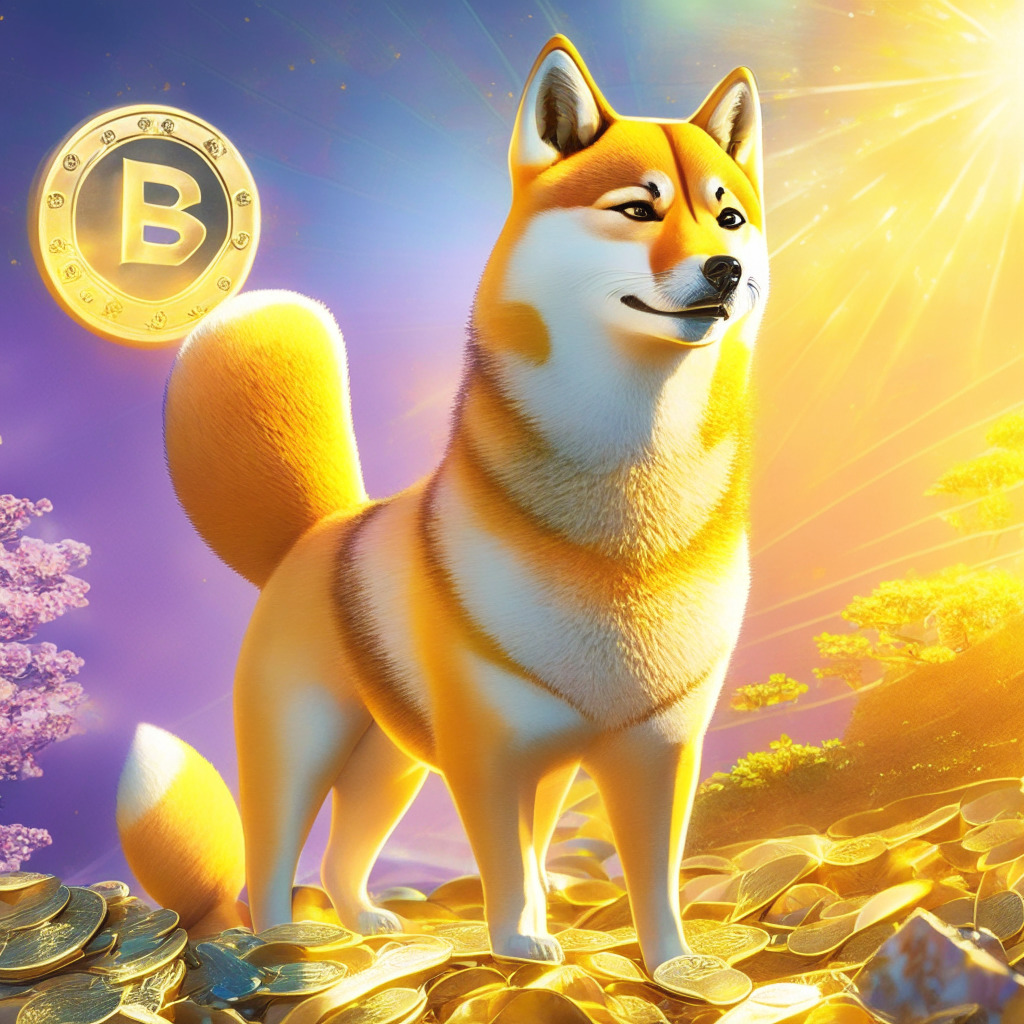 A realistic, digitally illustrated scene, illuminated in vibrant, optimistic morning light. Foreground shows the dynamic growth of a Shiba Inu dog, representing the SHIB token, it's fur sparkling with elements depicting a 33% rise. In the background, unfolding layers signify the upcoming Shibarium launch. An emerging Shiba Inu-Barbie hybrid figure, symbolizing Shibie, steps into the vibrant scene, reflecting the novelty and potential. The mood is hopeful yet cautious.