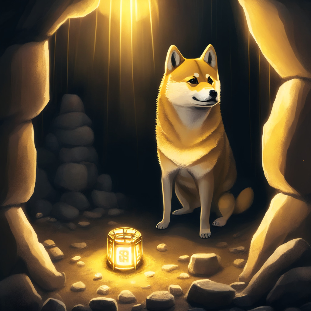 A digital painting of a resilient Shiba Inu standing tall in a bear's den, the bear next to it looking surprised. The Shiba Inu has an aura of soft, golden light around it, symbolizing its bullish outlook in the cryptocurrency market. The underground cave is dimly lit, representing the falling market, with the light centered on the Shiba Inu. Contrasting with the darker tones of the bear and its den, the painting aims to portray a hopeful, yet cautious atmosphere. A futuristic, abstract style should be used to portray the world of cryptocurrency.