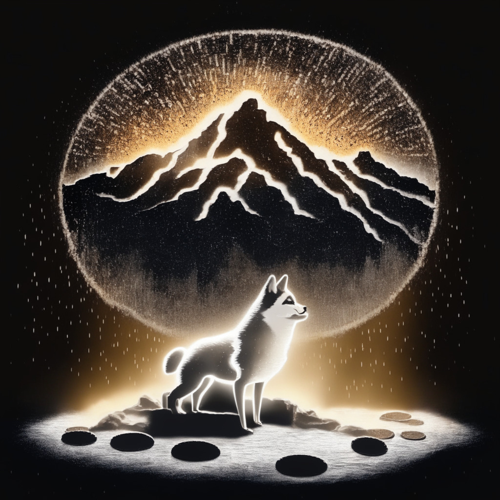 Abstract representation of Shiba Inum cryptocurrency, a modestly rising silver coin, luminary glowing background hinting at a lukewarm market upshift, a shadowy mountainous range to signify the coin's past underperformance. Mercurial storm indicative of Shibarium's botched launch, shards dispersed, depicting loss of tokens. A glowing dawn breaks over a horizon suggesting a secure, promising rebirth of Shibarium, imbued with potential gains. Hints of an upward arrow subtly integrated to signify potential price rise. A myriad of tiny lights illuminating the digital soil landscape, symbolizing the expansion of Shibarium and its 100,000 wallets. Artwork capturing a sense of cautious optimism and imminent recovery.