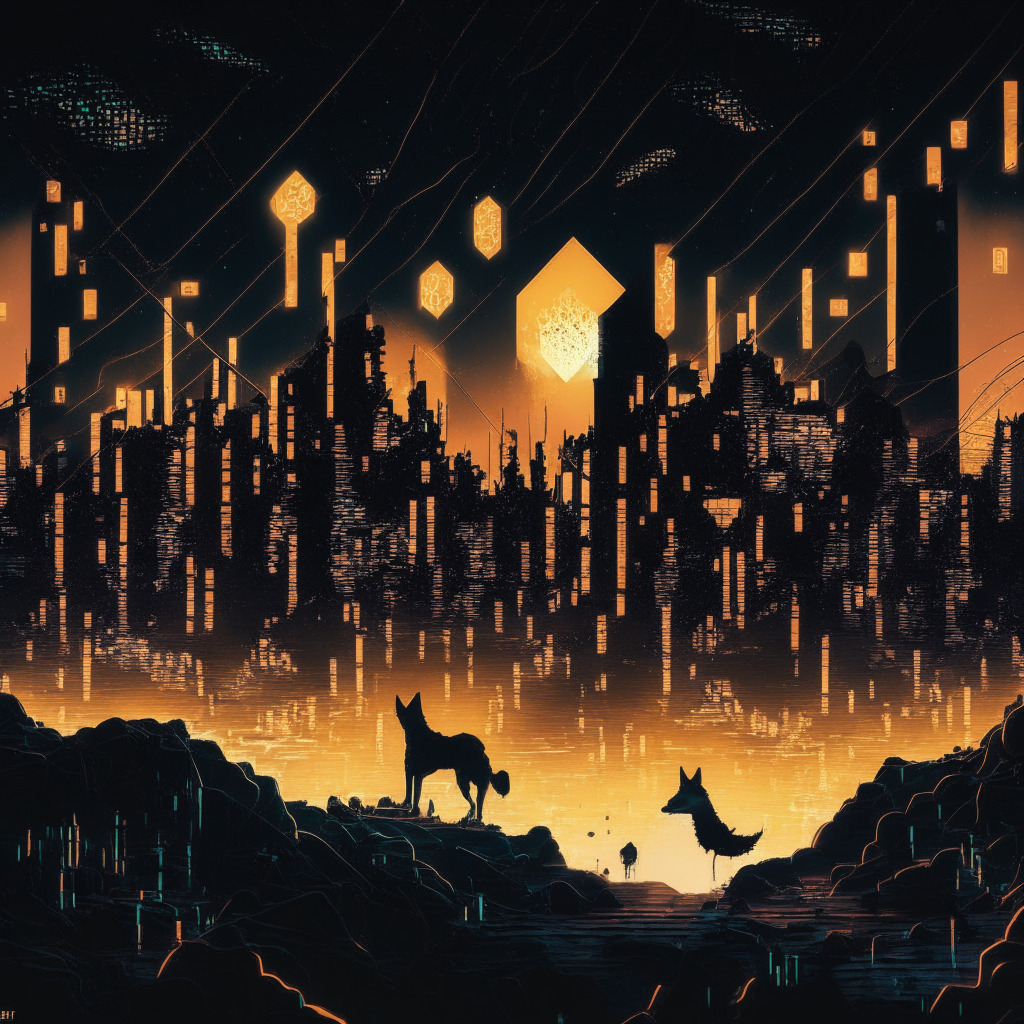 A chaotic crypto landscape at dusk illuminated by harsh, surreal lights, an abstract representation of Shiba Inu token tumbling amidst jagged data graphs. Nearby, emerging meme coin Sonik and LPX tokens are ascendant, glowing intensely against the dark, restless backdrop, signifying their growing influence. The overall style is evocative of dystopian cyberpunk, invoking the unpredictability of crypto markets and an undercurrent of tension yet opportunity.