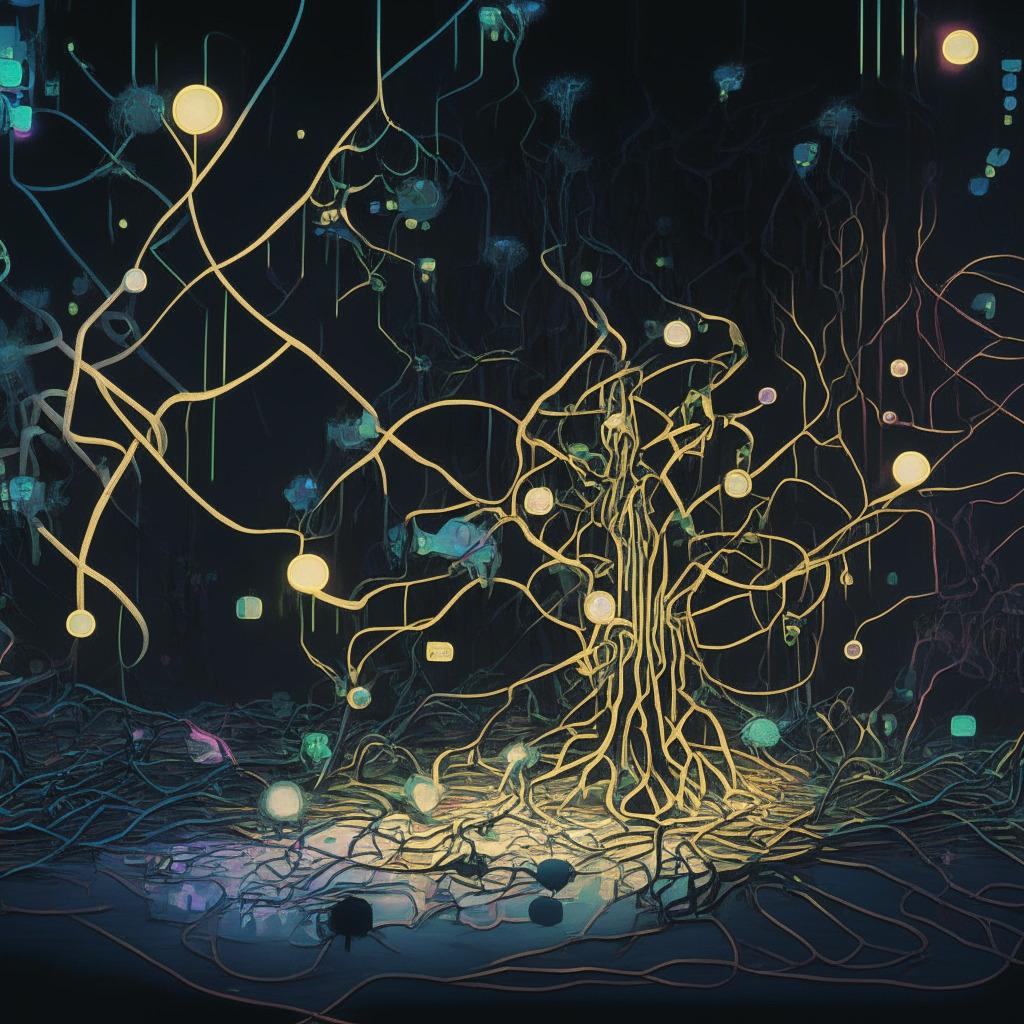 An abstract representation of a malfunctioning network in the cyberspace, bathed in dim, eerie light creating a mood of disappointment and setback. A halted stream of flowing ether and bone tokens, a dark, discordant forum silencing communication, metallic bridges cracking signifying vulnerability. In the background, a shadowy ecosystem tinged with the vibrant colors of gaming and metaverse applications, slowly fading into obscurity.