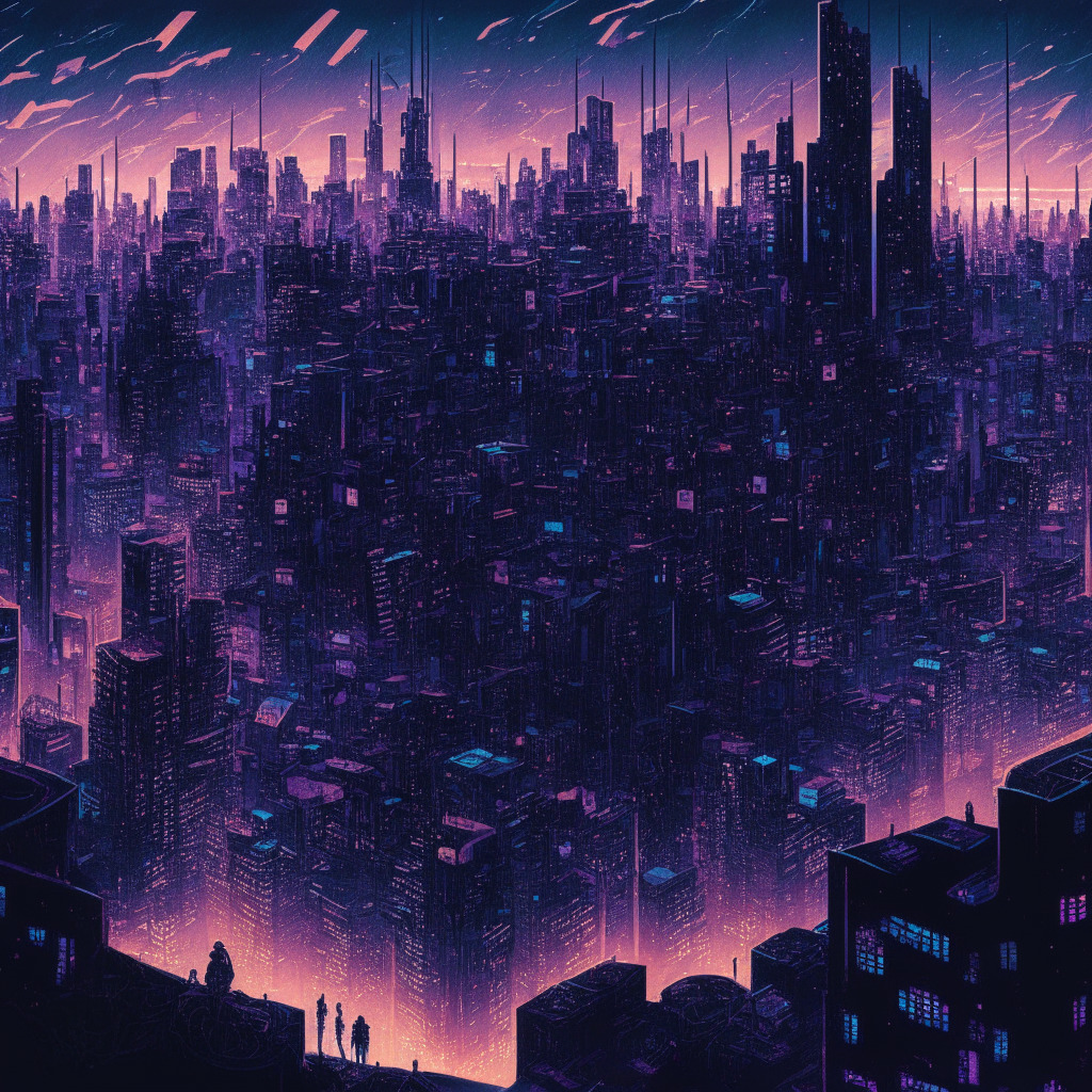 A sprawling yet intricate image of twilight descending upon a Metropolis landscape representing the blockchain network. The network’s buildings are Ethereum-themed, nestled among a bustling crowd of digital characters showing the SHIB token enthusiast user base. Areas of the city appear to freeze, symbolizing system stalls, depicting the struggle and resilience within. The art style is reminiscent of cyberpunk with spots of light representing blockchain transactions; the setting is backlit with daunting yet hopeful aura, capturing a mix of excitement, uncertainty, and anticipation. This creates distinction, balance, and a sense of inevitable turbulence within the realm of technological advancement.