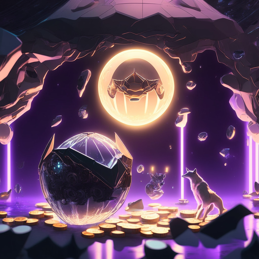 A sphere of Ethereum-like coins orbiting around a shimmering, ghostly lamborghini engine (representing Shibarium), bathed in the cool, twilight glow of futuristic decentralized technology. The scene evokes a sense of awe for the pivotal moment in the Shiba Inu's story. Infuse cubist elements, projecting the sense of a leap beyond Ethereum's flaws.