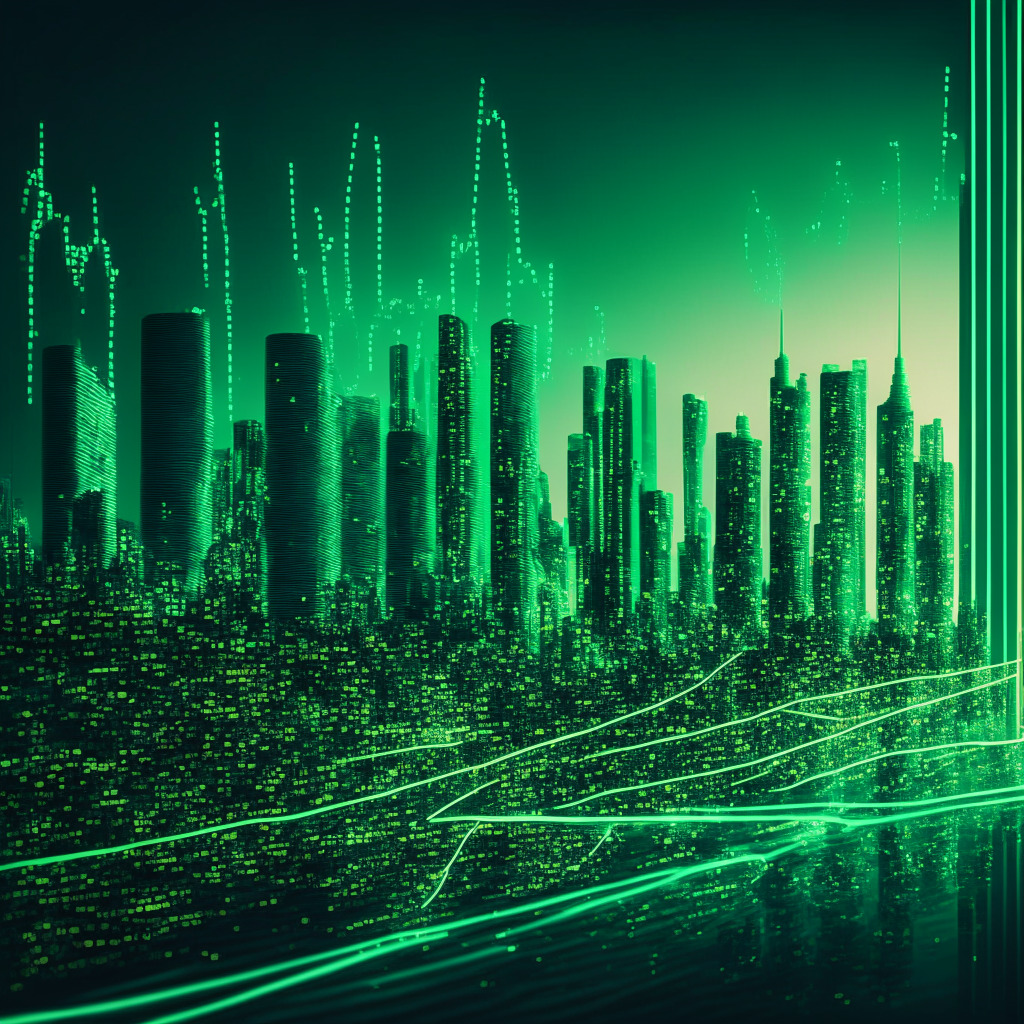 Futuristic cityscape at dusk, reflecting anticipation and optimism, where digital cryptocurrency token SHIB soars skywards. Wavy path represents 7.5% uptick, with minor dips. City buildings radiate an aura of Shibarium network in holographic effect. Underneath, an ascending green line signifies the 30-day moving average. Market rush hinted by blurry silhouettes advancing towards SHIB. Mood: bullish and elegantly ominous.