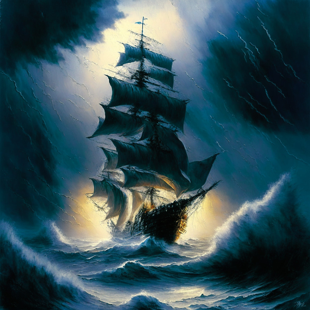 A dramatic scene displaying a newly launched but frozen ship, named Shibarium, caught in a chaotic ocean storm, depicted in a gritty realistic art style. The painting radiates a turbulent mood under a stark cold light casting long intense shadows. The backdrop portrays a fast-rising bright comet, symbolizing the newcomer Sonik Coin, illuminating the otherwise stormy scenery.