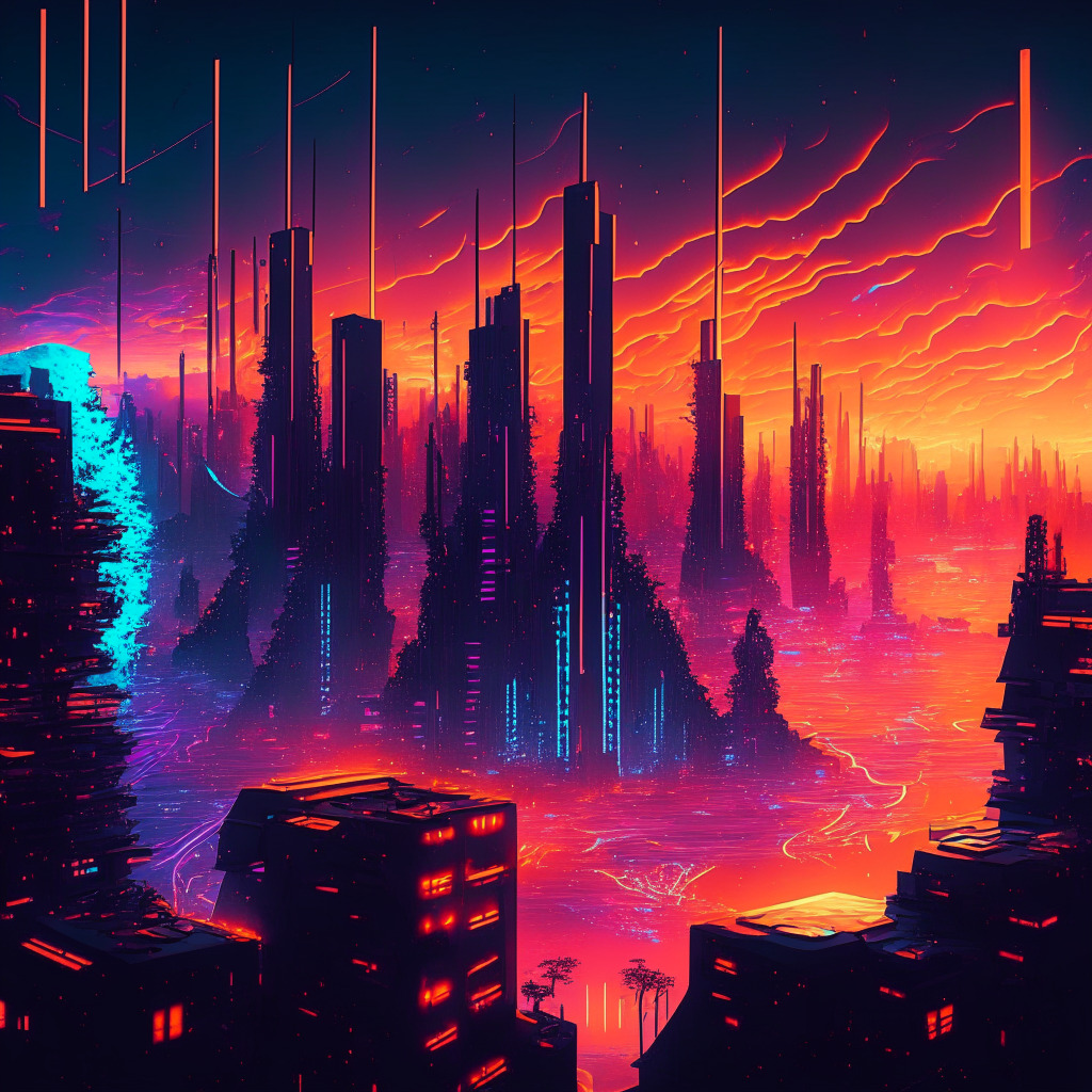 A virtual landscape illuminated by a neon sunset, representing resilience amidst chaos. Picture Shibarium as an intricately designed city, its architecture emblematic of the blockchain universe. SHIB tokens as pulsating lights fast-moving amidst the structures, symbolizing bustling transactions. Render a turbulent sky, reflecting the initial launch hiccups, and a rising phoenix in the horizon, embodying Shibarium's second attempt. Impressionistic style, moody lighting that communicates resurgence.