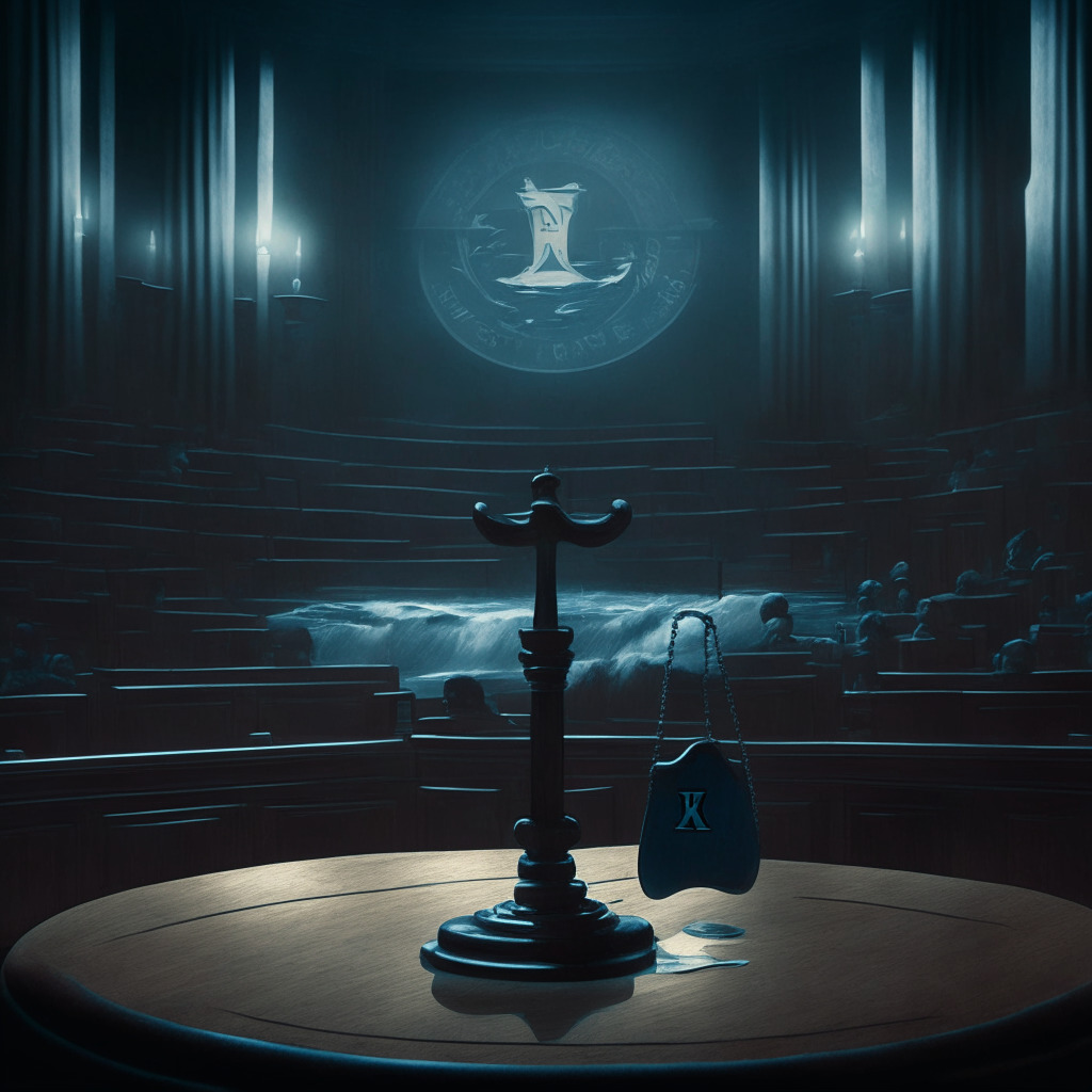 A dimly lit courtroom with classical influence, a large gavel in the foreground symbolizing a landmark ruling. In the middle, a sinking XRP token metaphorically showcases a steep decline. Background shows a turbulent sea, indicating market volatility. Atmosphere is filled with mystery and uncertainty, hinting at legalities and risk.